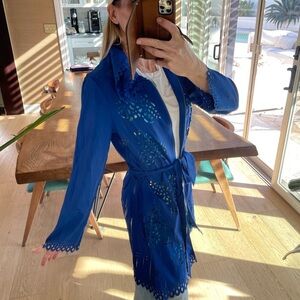 Firmiana Cobalt Blue Laser-Cut Jacket | Zip Front Belted Boho Layer